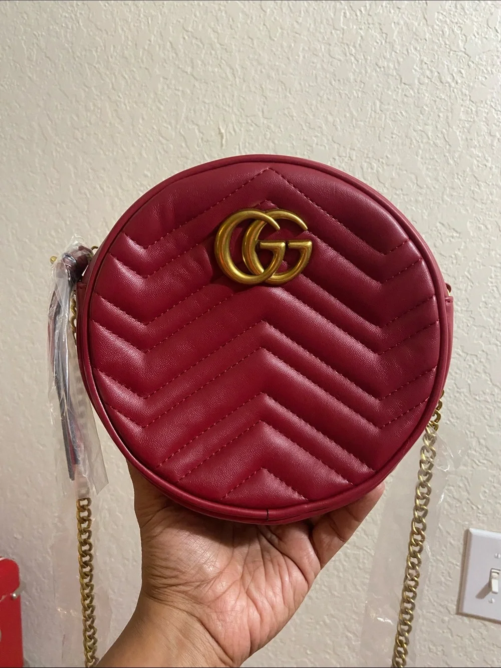 Designer inspired G G Red Quilted Round Crossbody with Gold Double-G